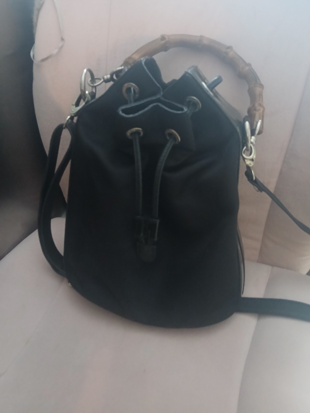 Vintage Gucci Black Drawstring Bucket Bag with Bamboo Handle